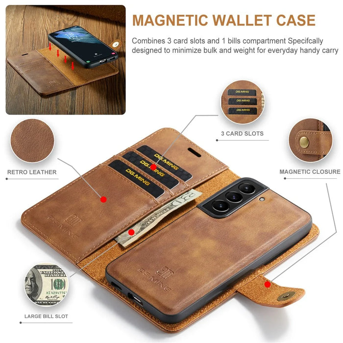 DG.MING for Samsung Galaxy S24+ Case Split Leather Wallet Detachable Phone Cover - Brown - 7