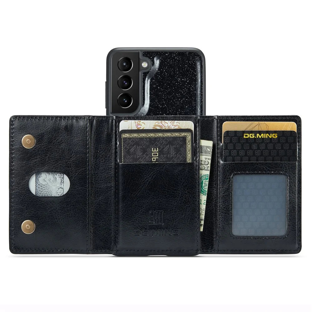 DG.MING M3 Series For Samsung Galaxy S24+ Case Glittery Kickstand Cover with Detachable Wallet - Black - 4