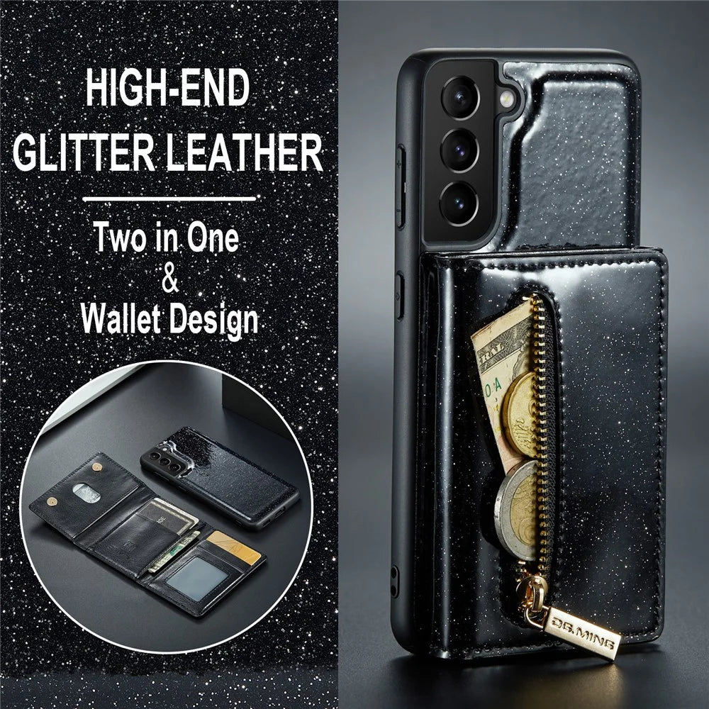 DG.MING M3 Series For Samsung Galaxy S24+ Case Glittery Kickstand Cover with Detachable Wallet - Black - 6