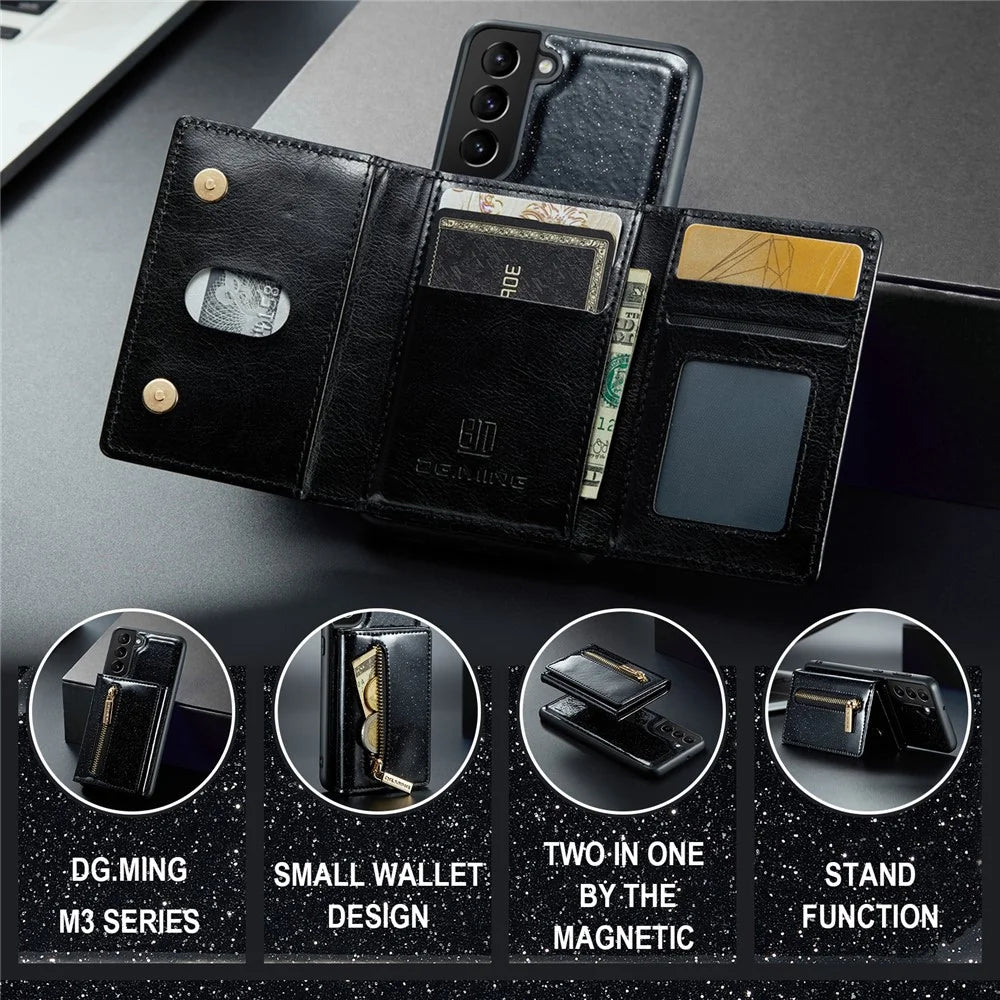 DG.MING M3 Series For Samsung Galaxy S24+ Case Glittery Kickstand Cover with Detachable Wallet - Black - 7