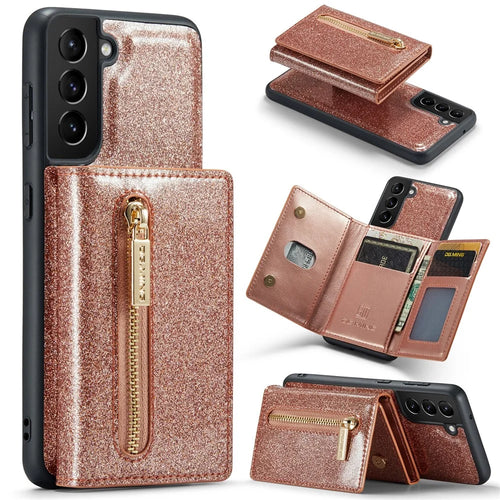 DG.MING M3 Series For Samsung Galaxy S24 Kickstand Case Detachable Wallet Glitter Phone Cover - Rose Gold - 1