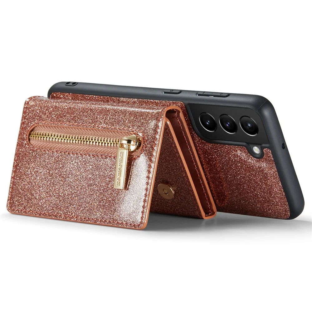 DG.MING M3 Series For Samsung Galaxy S24 Kickstand Case Detachable Wallet Glitter Phone Cover - Rose Gold - 2