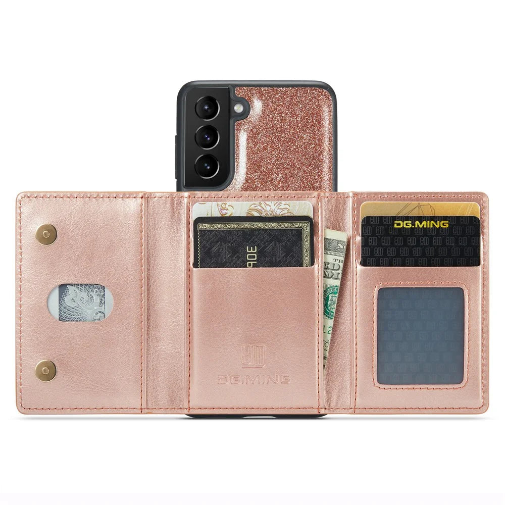 DG.MING M3 Series For Samsung Galaxy S24 Kickstand Case Detachable Wallet Glitter Phone Cover - Rose Gold - 4