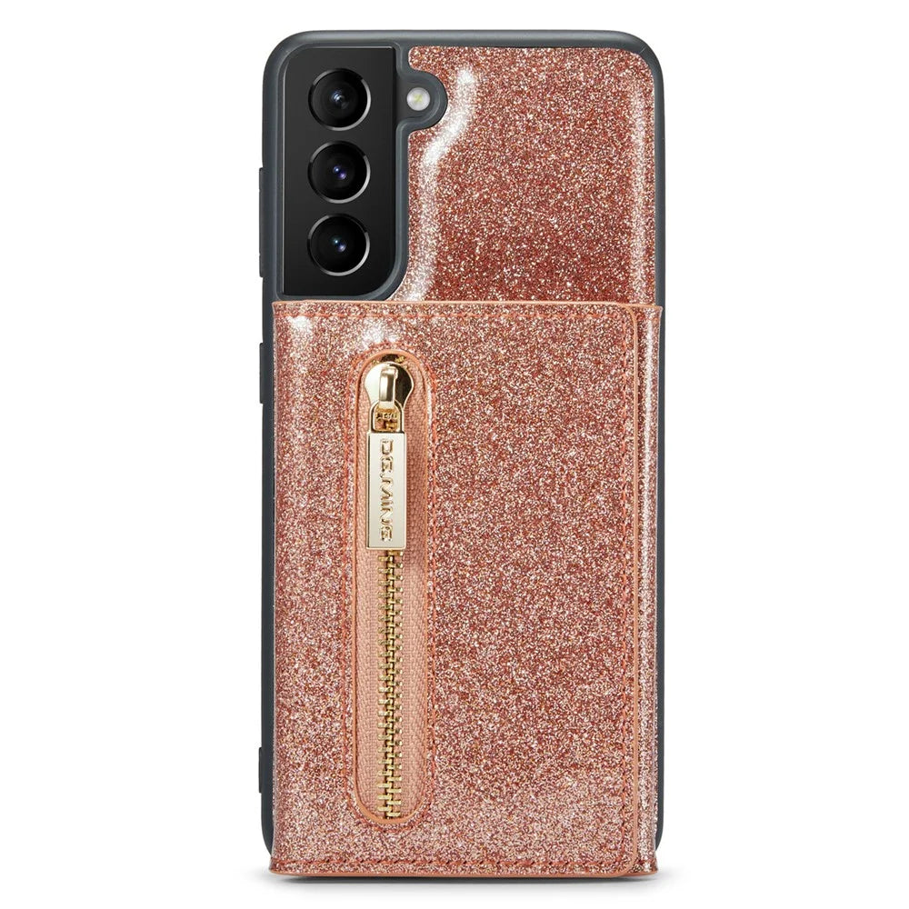 DG.MING M3 Series For Samsung Galaxy S24 Kickstand Case Detachable Wallet Glitter Phone Cover - Rose Gold - 5