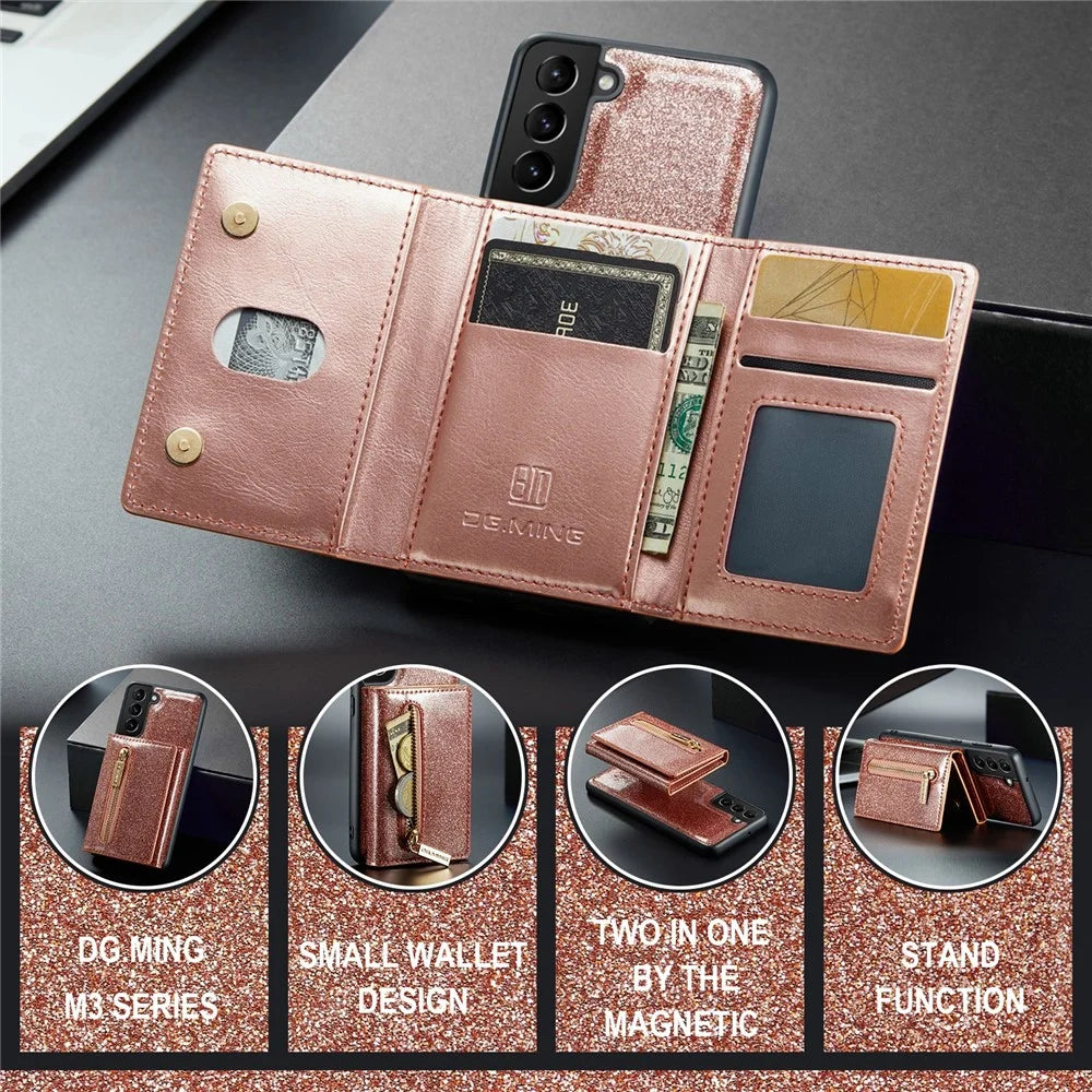 DG.MING M3 Series For Samsung Galaxy S24 Kickstand Case Detachable Wallet Glitter Phone Cover - Rose Gold - 7