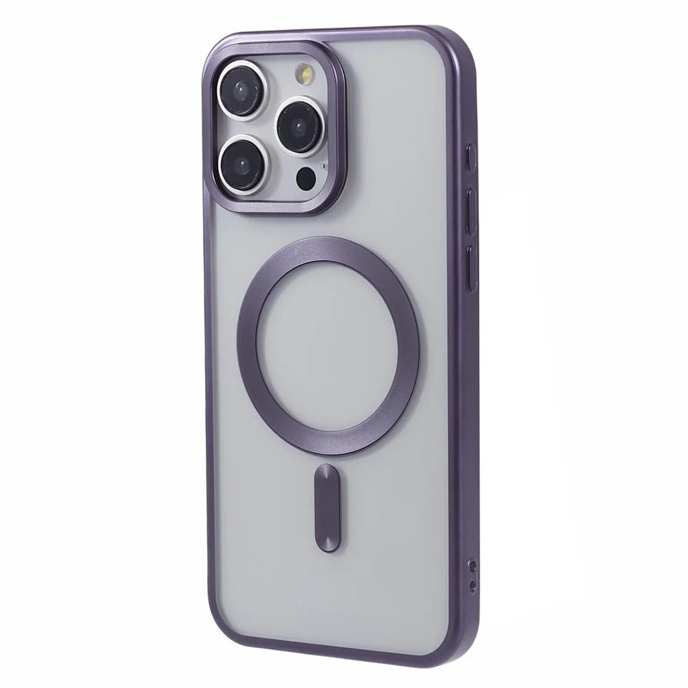 For iPhone 15 Pro Magnetic Case Matte Electroplating TPU Phone Back Shell Compatible with MagSafe - Dark Purple - 1