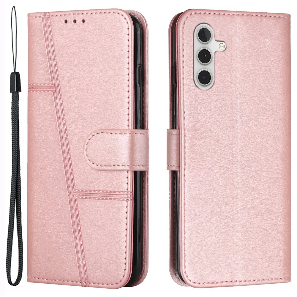 For Samsung Galaxy S25 / S24 Case PU Leather Wallet Calf Texture Shockproof Phone Cover - Rose Gold - 1