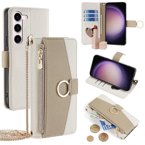 For Samsung Galaxy S23 Wallet Case PU Leather Crossbody Phone Bag with Mirror Design - White - 1