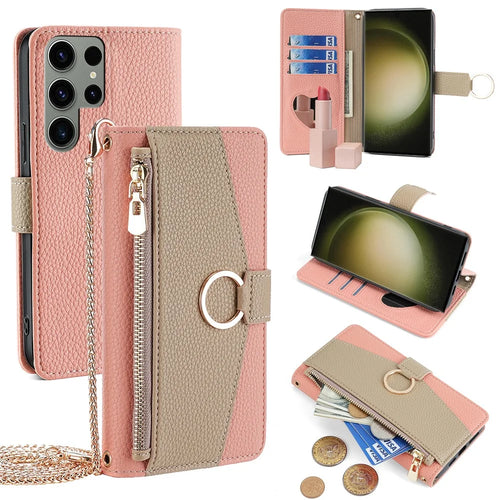 For Samsung Galaxy S23 Ultra Case Zipper Pocket Phone Cover with Shoulder Strap - Pink - 1