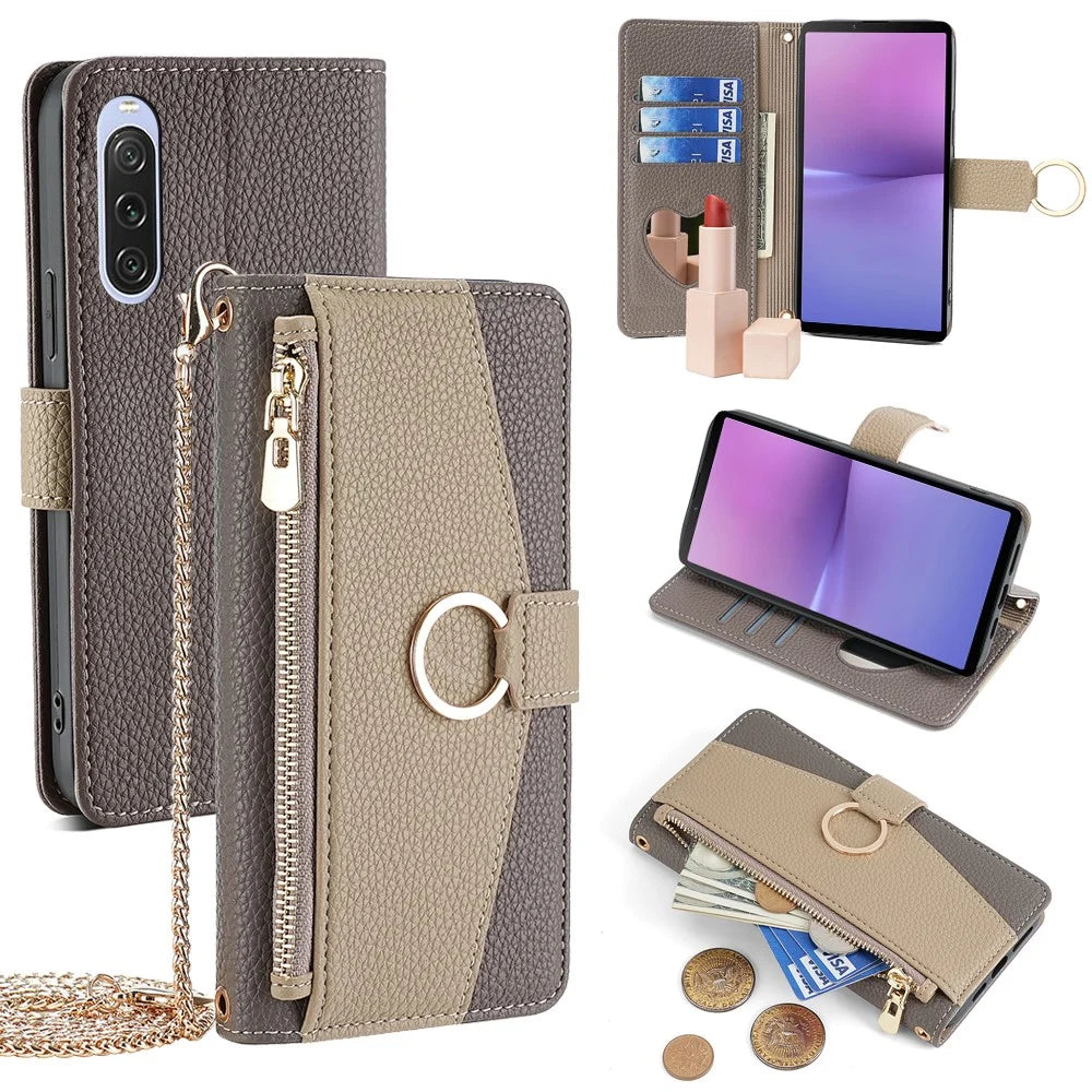 For Sony Xperia 10 V Case Zipper Pocket Leather Cover with Makeup Mirror - Grey - 1
