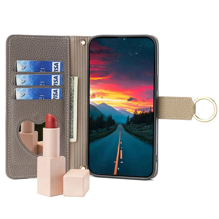 For Sony Xperia 10 V Case Zipper Pocket Leather Cover with Makeup Mirror - Grey - 2