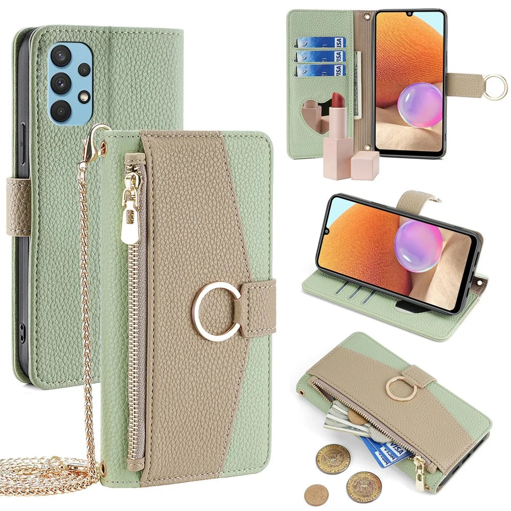 For Samsung Galaxy A32 4G (EU Version) Case PU Leather Wallet Cover with Crossbody Shoulder Strap - Green - 1