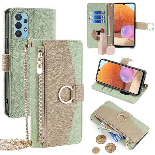 For Samsung Galaxy A32 4G (EU Version) Case PU Leather Wallet Cover with Crossbody Shoulder Strap - Green - 1