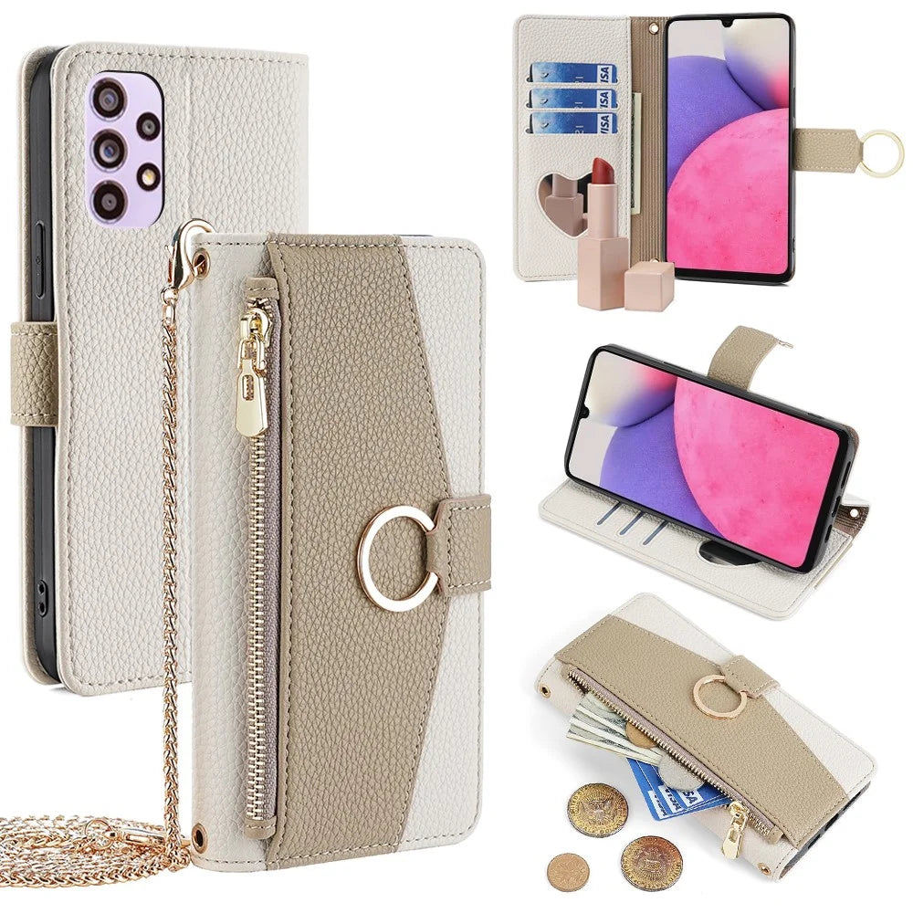 For Samsung Galaxy A33 5G Cell Phone Case Wallet PU Leather Cover with Chain Shoulder Strap - White - 1