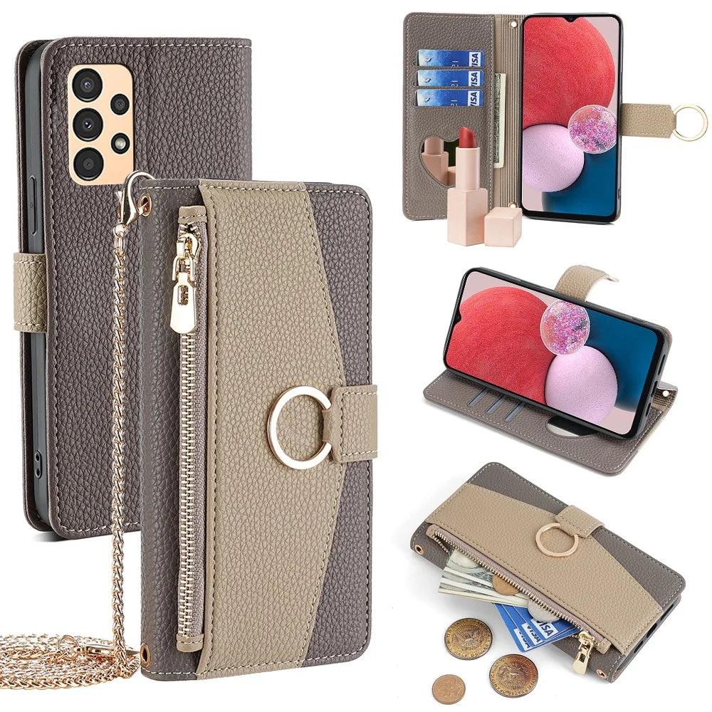 For Samsung Galaxy A13 4G Case Zipper Pocket Phone Guard Cover with Makeup Mirror - Grey - 1