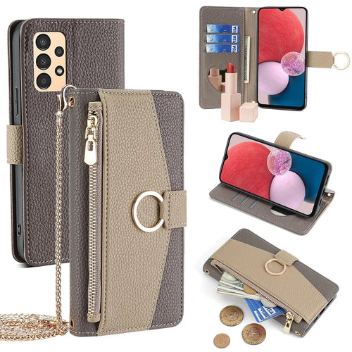 For Samsung Galaxy A13 4G Case Zipper Pocket Phone Guard Cover with Makeup Mirror - Grey - 1