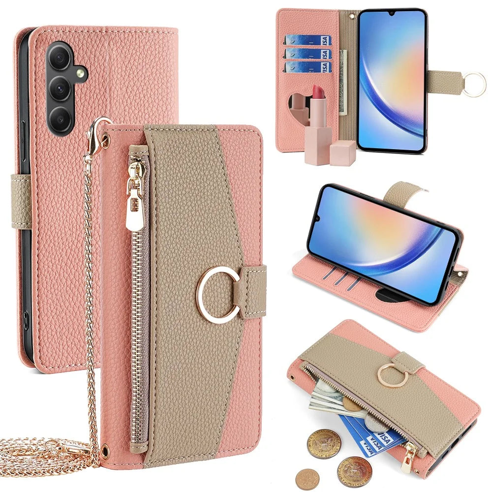 For Samsung Galaxy A34 5G Crossbody Phone Bag Wallet Stand Phone Cover - Pink - 1