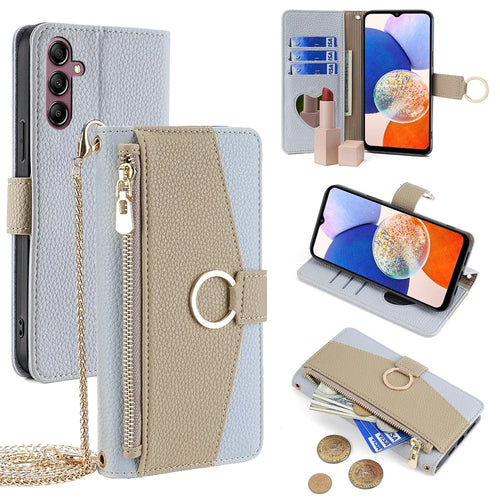 For Samsung Galaxy A14 4G / A14 5G Case Zipper Pocket Crossbody Phone Cover with Shoulder Strap - Blue - 1