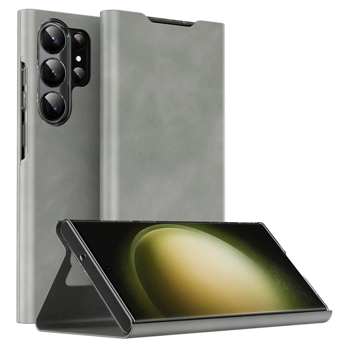 For Samsung Galaxy S24 Ultra Case Nappa Texture Stand Card Holder Mobile Phone Cover - Grey - 1