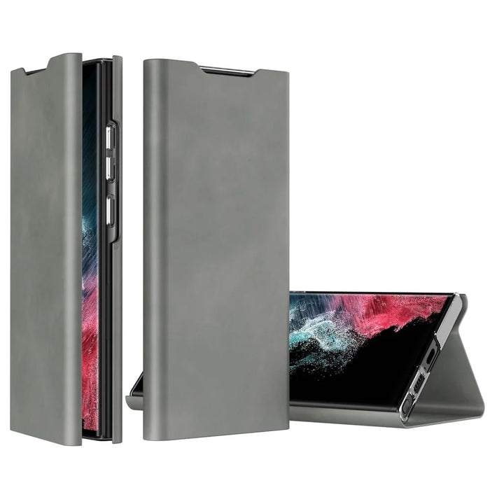 For Samsung Galaxy S24 Ultra Case Nappa Texture Stand Card Holder Mobile Phone Cover - Grey - 2