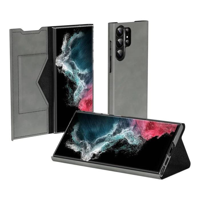For Samsung Galaxy S24 Ultra Case Nappa Texture Stand Card Holder Mobile Phone Cover - Grey - 3