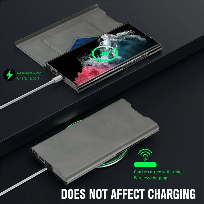 For Samsung Galaxy S24 Ultra Case Nappa Texture Stand Card Holder Mobile Phone Cover - Grey - 4
