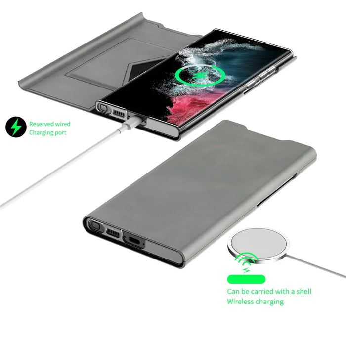 For Samsung Galaxy S24 Ultra Case Nappa Texture Stand Card Holder Mobile Phone Cover - Grey - 5