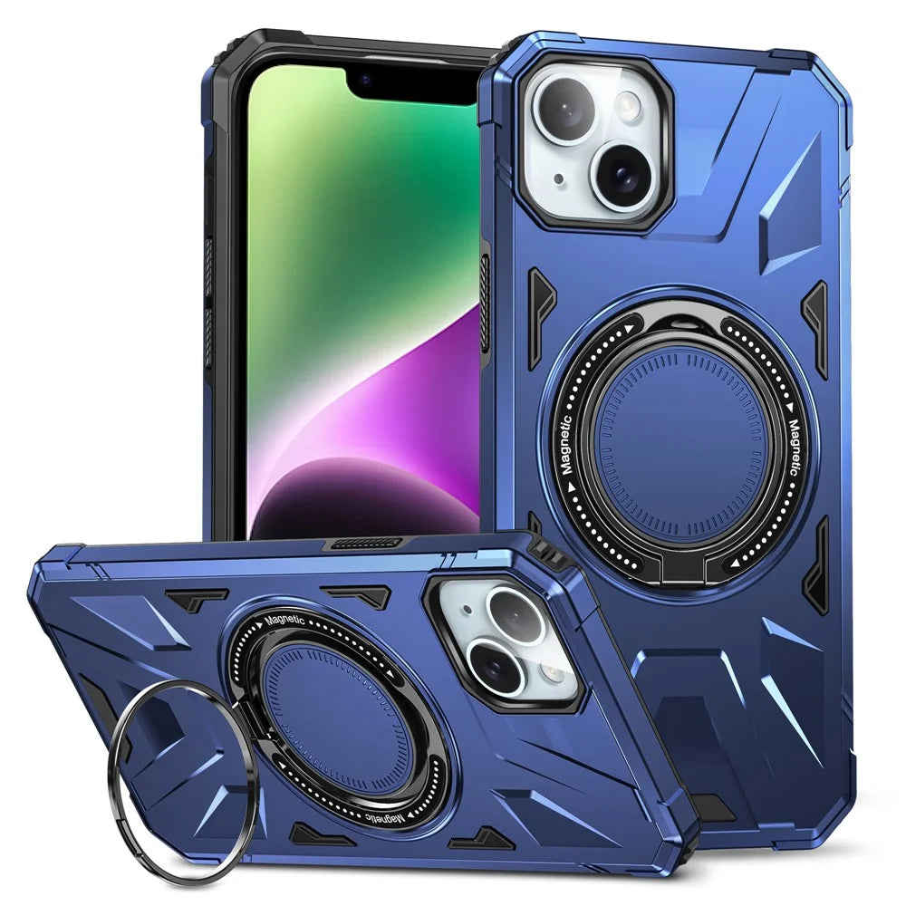 For iPhone 13 / 14 6.1 inch Magnetic Phone Case TPU+PC Kickstand Protective Cover - Navy Blue - 1