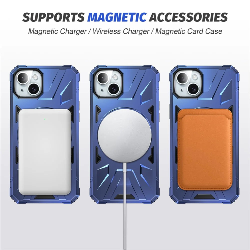 For iPhone 13 / 14 6.1 inch Magnetic Phone Case TPU+PC Kickstand Protective Cover - Navy Blue - 3
