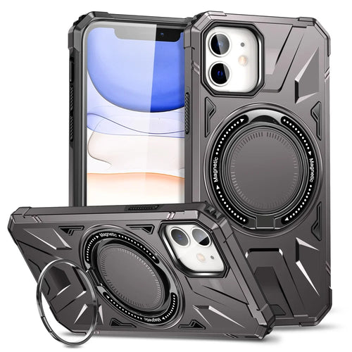 For iPhone 12 / 12 Pro 6.1 inch Phone Case TPU+PC Magnetic Back Shell with Rotary Kickstand - Grey - 1