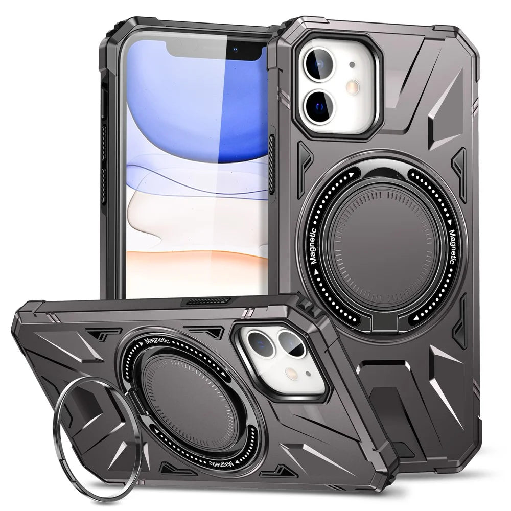 For iPhone 12 / 12 Pro 6.1 inch Phone Case TPU+PC Magnetic Back Shell with Rotary Kickstand - Grey - 1