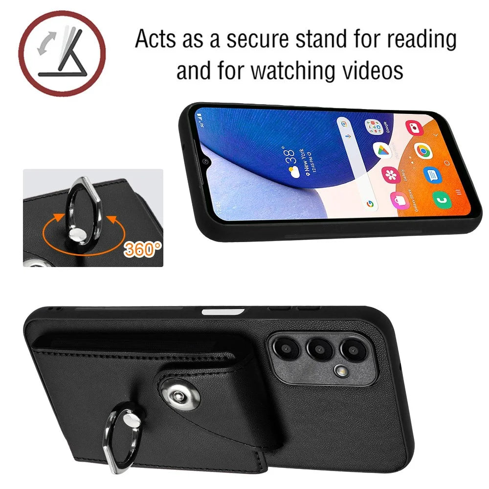 YB Leather Coating Series-7 for Samsung Galaxy A15 5G Case Rotary Ring Kickstand Phone Cover - Black - 3
