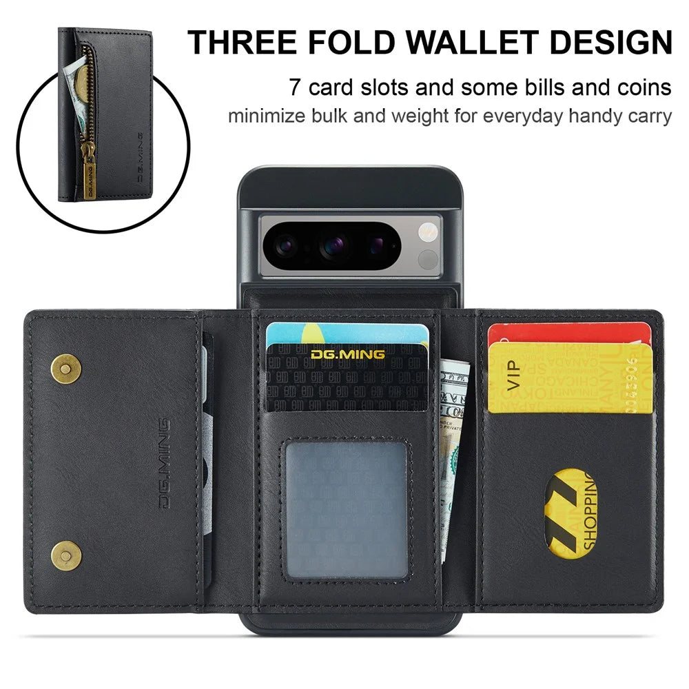 DG.MING M5 Series For Google Pixel 8 Pro Phone Case RFID Blocking Zipper Pocket Back Cover - Black - 6