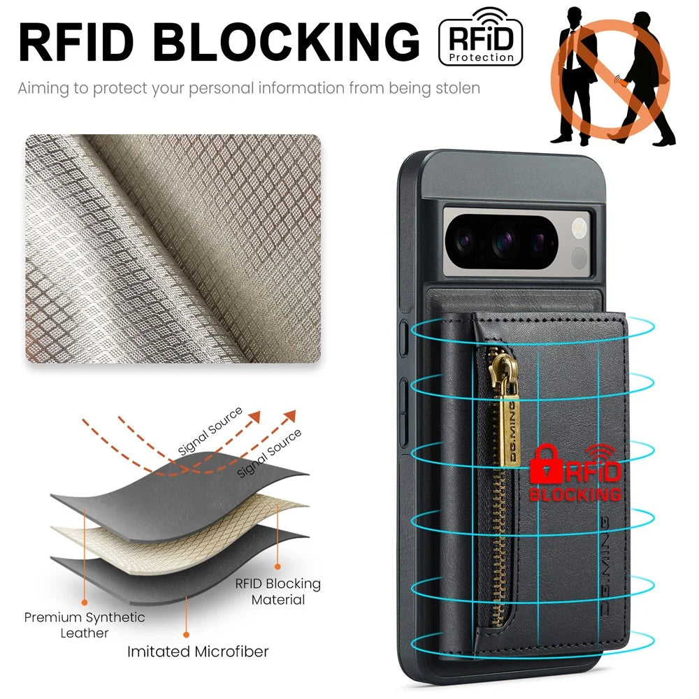 DG.MING M5 Series For Google Pixel 8 Pro Phone Case RFID Blocking Zipper Pocket Back Cover - Black - 7