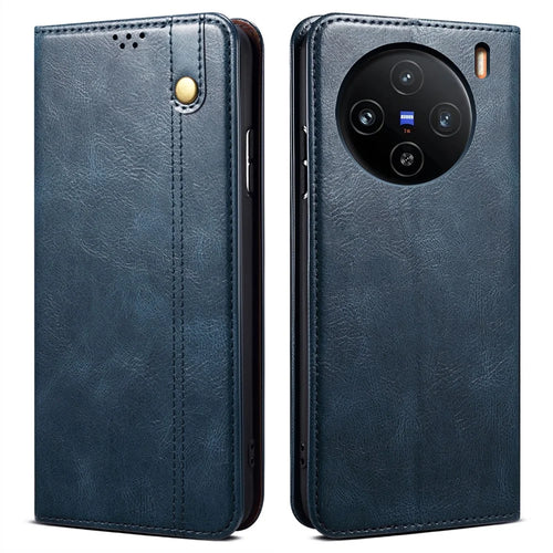 For vivo X100 5G Cell Phone Case Stand Wallet Crazy Horse Texture Waxy Leather Cover - Blue - 1