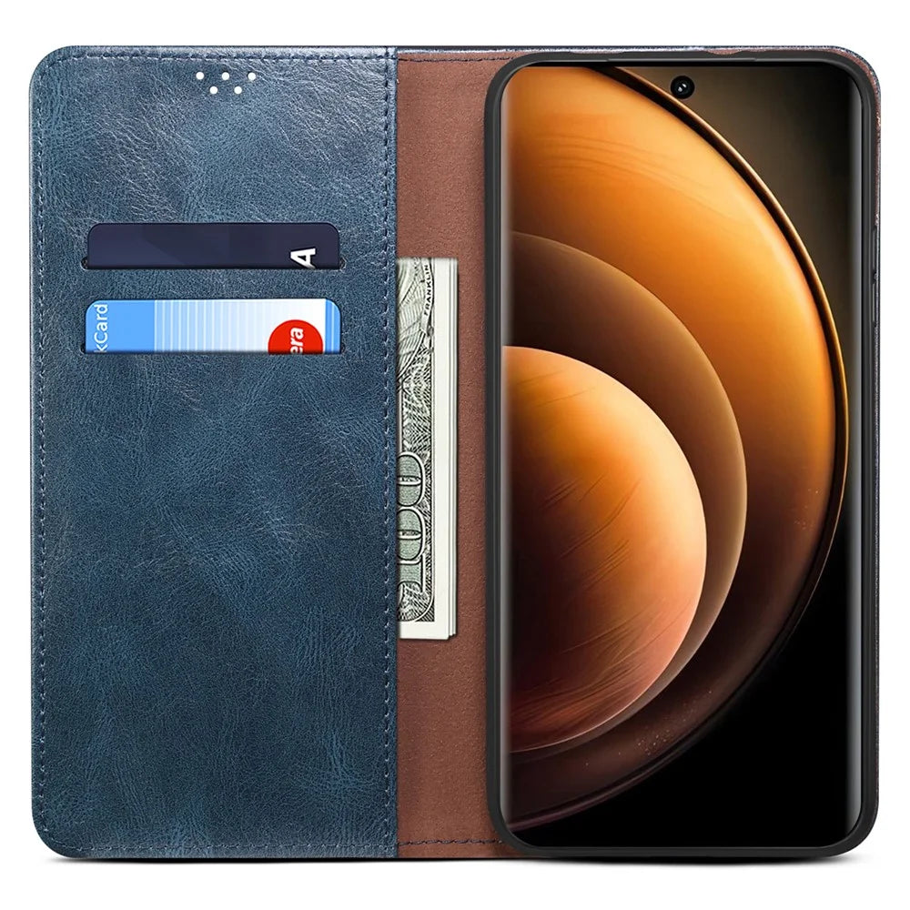 For vivo X100 5G Cell Phone Case Stand Wallet Crazy Horse Texture Waxy Leather Cover - Blue - 2