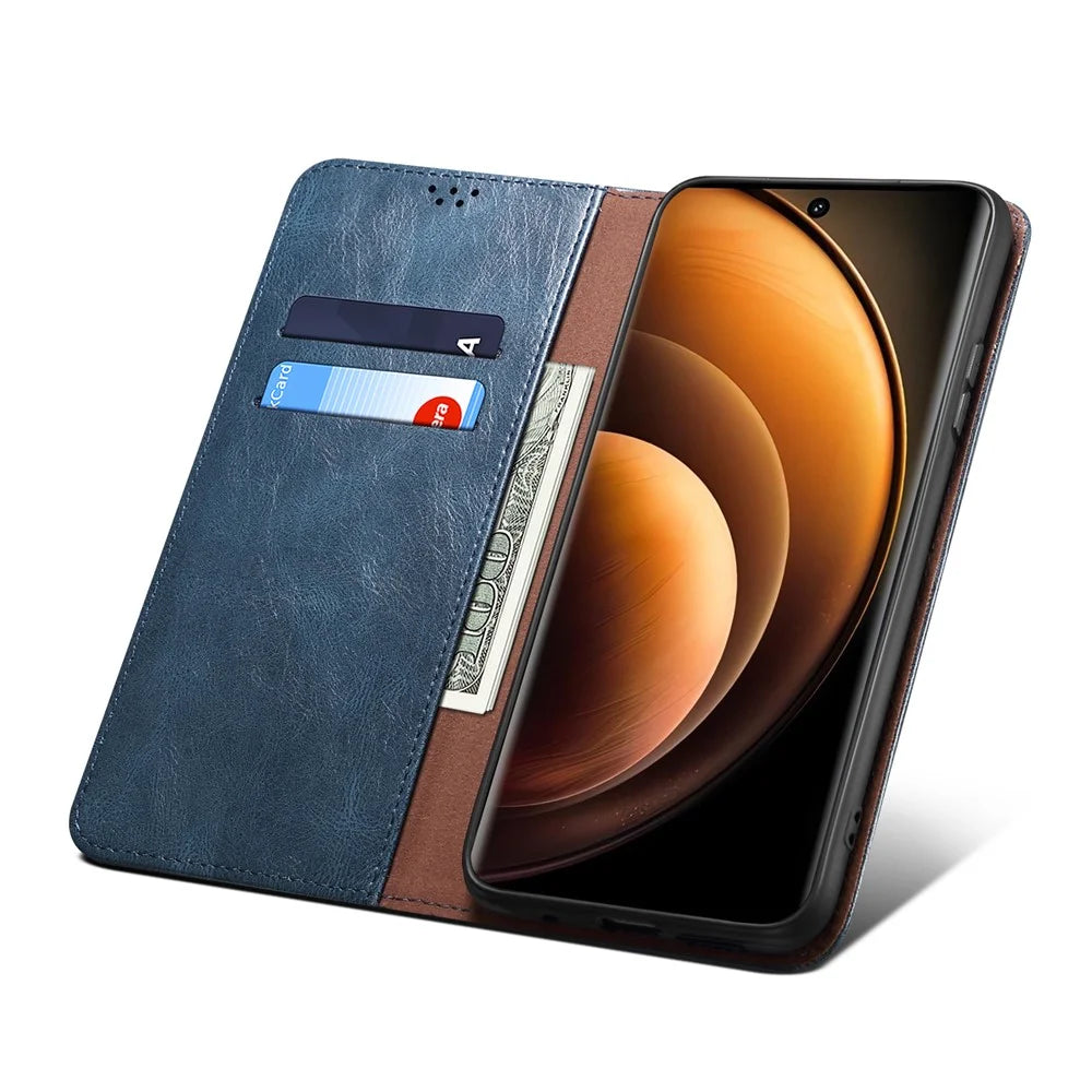 For vivo X100 5G Cell Phone Case Stand Wallet Crazy Horse Texture Waxy Leather Cover - Blue - 4