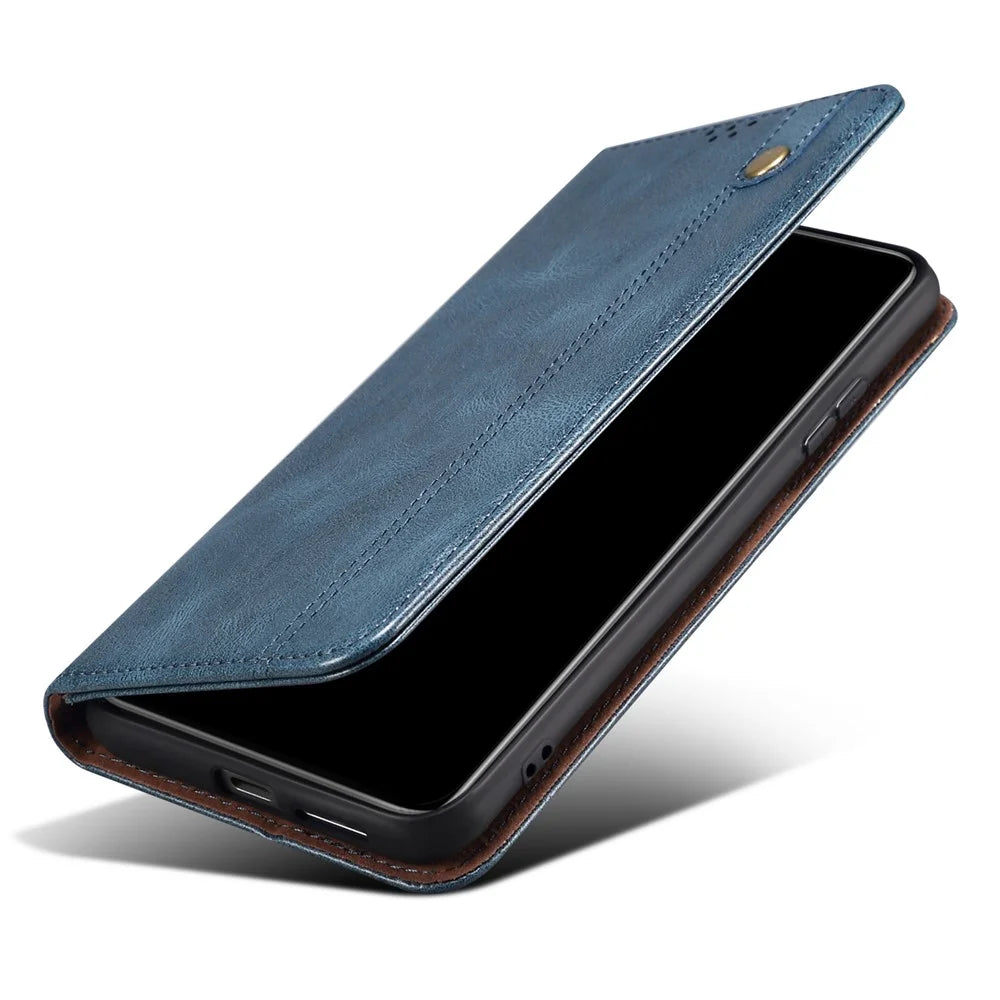 For vivo X100 5G Cell Phone Case Stand Wallet Crazy Horse Texture Waxy Leather Cover - Blue - 5