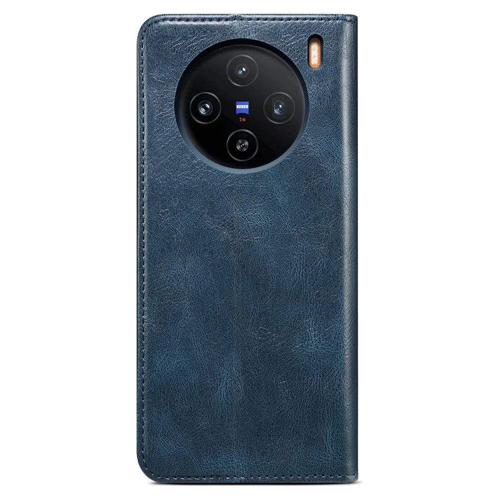 For vivo X100 5G Cell Phone Case Stand Wallet Crazy Horse Texture Waxy Leather Cover - Blue - 7