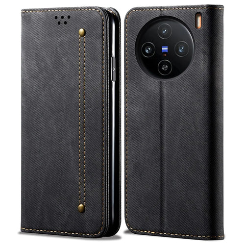 For vivo X100 5G Cell Phone Case Jeans Cloth Texture Wallet Stand Leather Cover - Black - 1