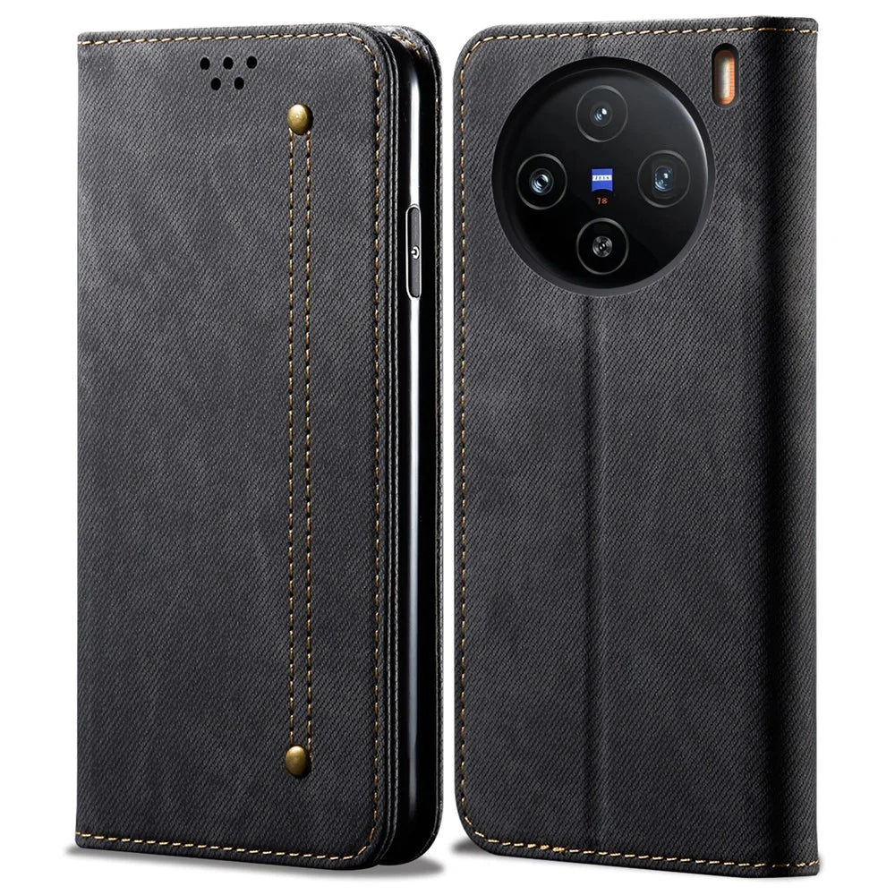 For vivo X100 5G Cell Phone Case Jeans Cloth Texture Wallet Stand Leather Cover - Black - 1