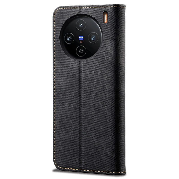 For vivo X100 5G Cell Phone Case Jeans Cloth Texture Wallet Stand Leather Cover - Black - 6