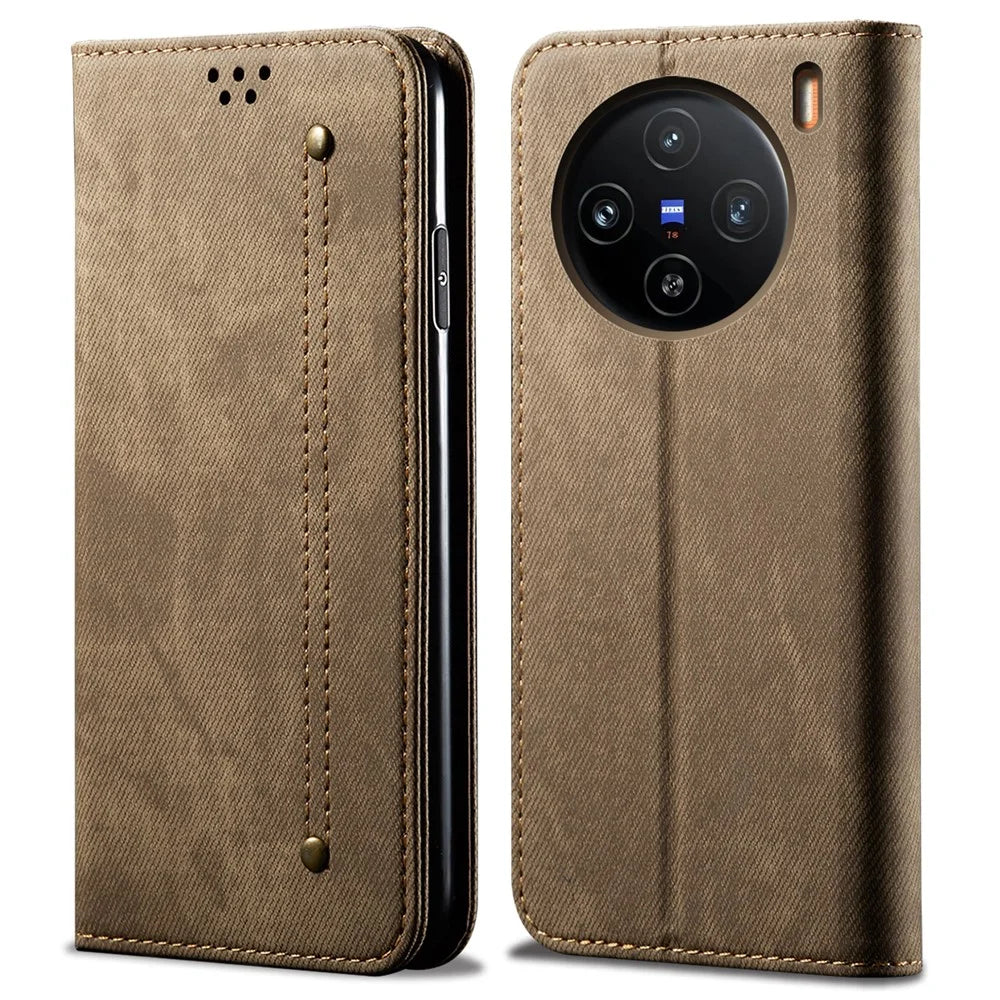 For vivo X100 Pro 5G Cell Phone Case Jeans Cloth Texture Wallet Anti-fall Leather Cover - Khaki - 1