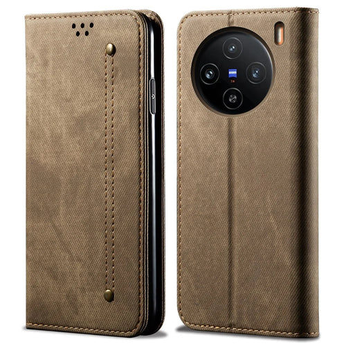 For vivo X100 Pro 5G Cell Phone Case Jeans Cloth Texture Wallet Anti-fall Leather Cover - Khaki - 1