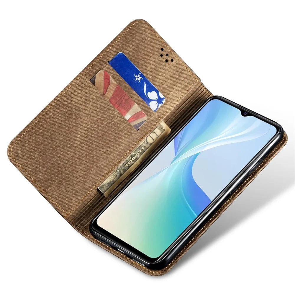 For vivo X100 Pro 5G Cell Phone Case Jeans Cloth Texture Wallet Anti-fall Leather Cover - Khaki - 2