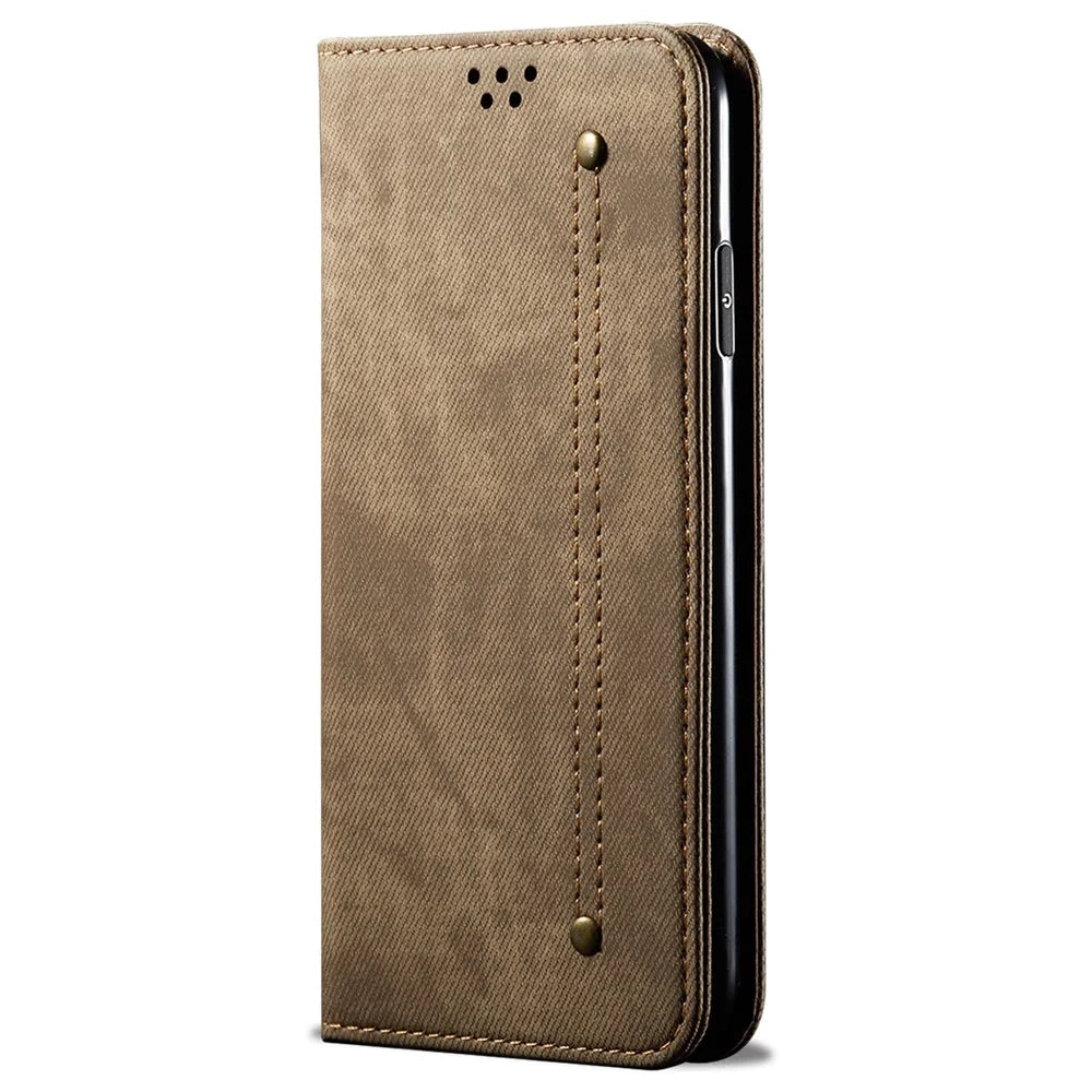 For vivo X100 Pro 5G Cell Phone Case Jeans Cloth Texture Wallet Anti-fall Leather Cover - Khaki - 5