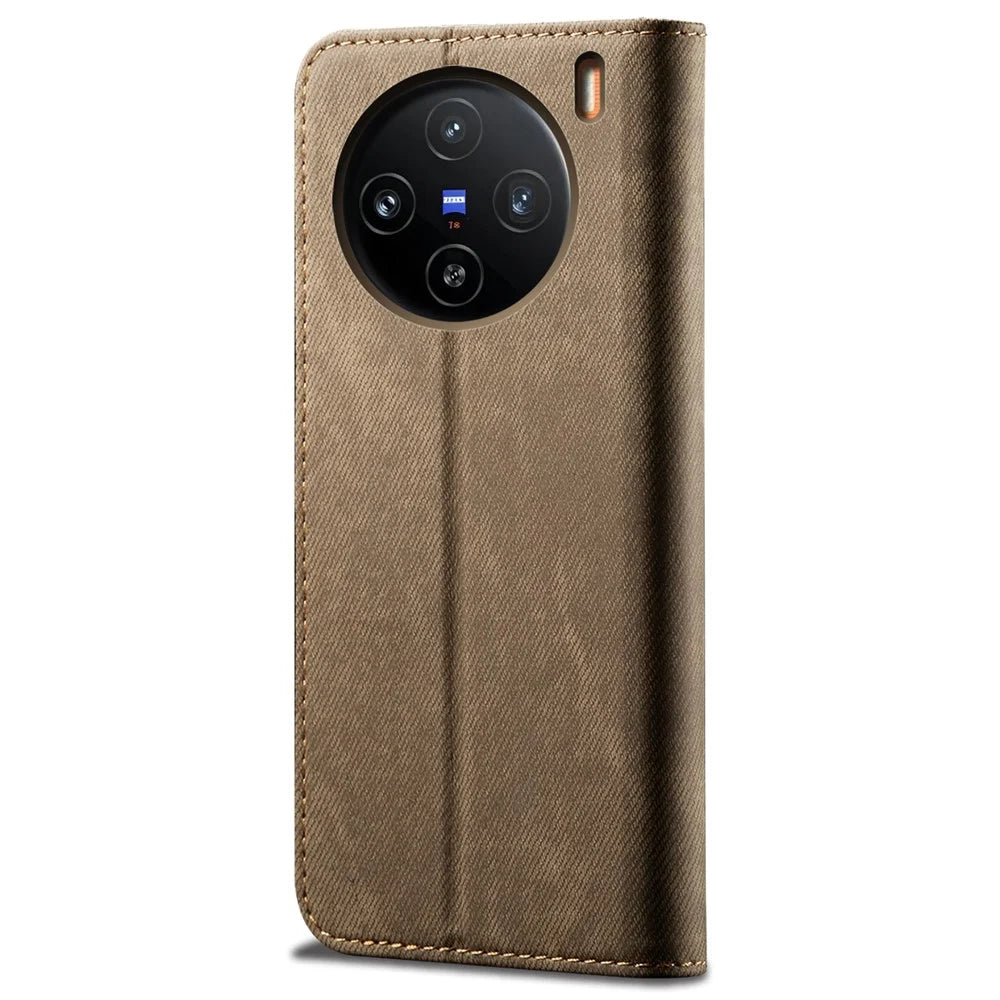 For vivo X100 Pro 5G Cell Phone Case Jeans Cloth Texture Wallet Anti-fall Leather Cover - Khaki - 6
