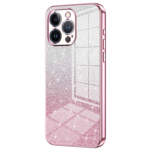 For iPhone 13 Pro Cell Phone Case Precise Cutout Electroplating Gradient Glitter TPU Cover - Pink - 1