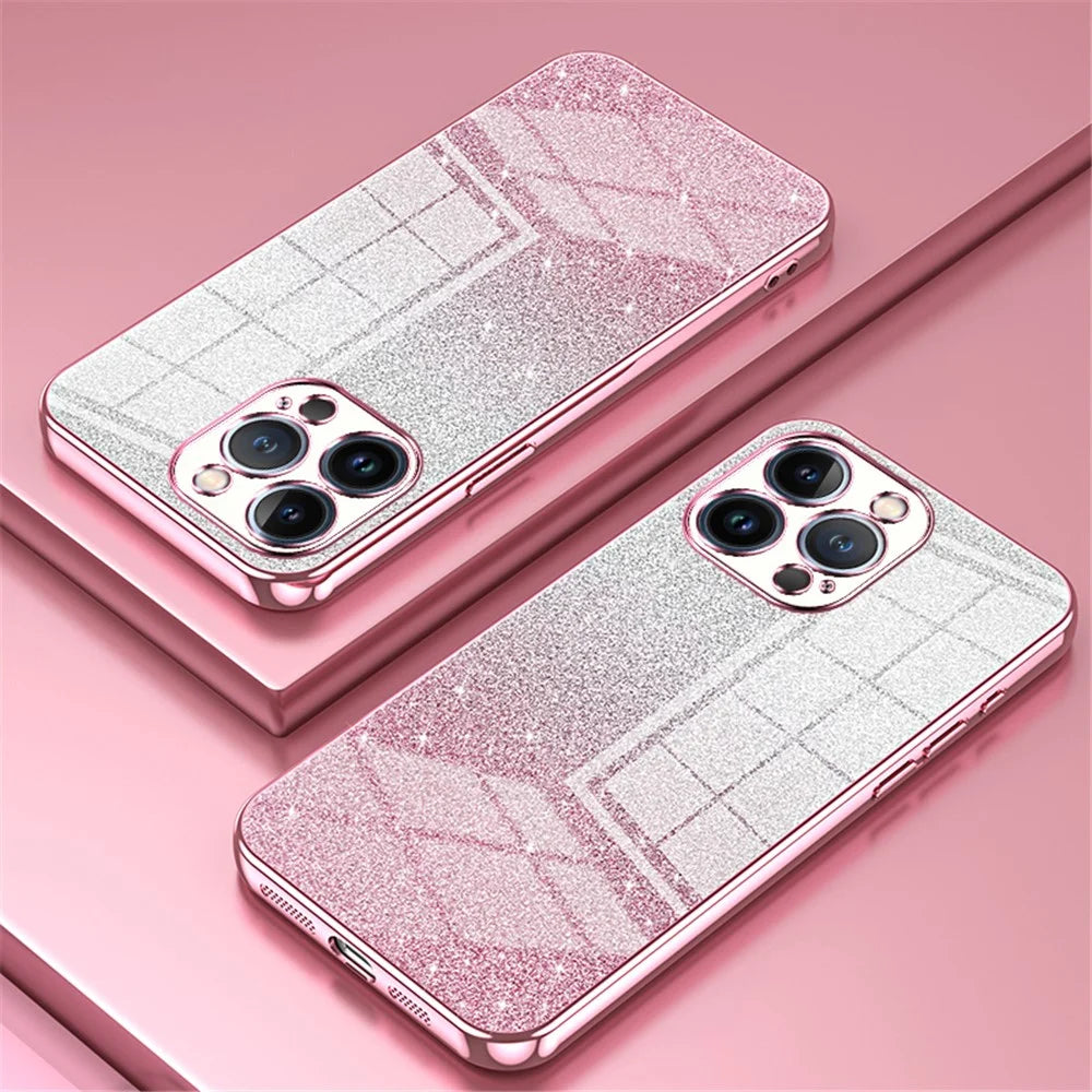 For iPhone 13 Pro Cell Phone Case Precise Cutout Electroplating Gradient Glitter TPU Cover - Pink - 2