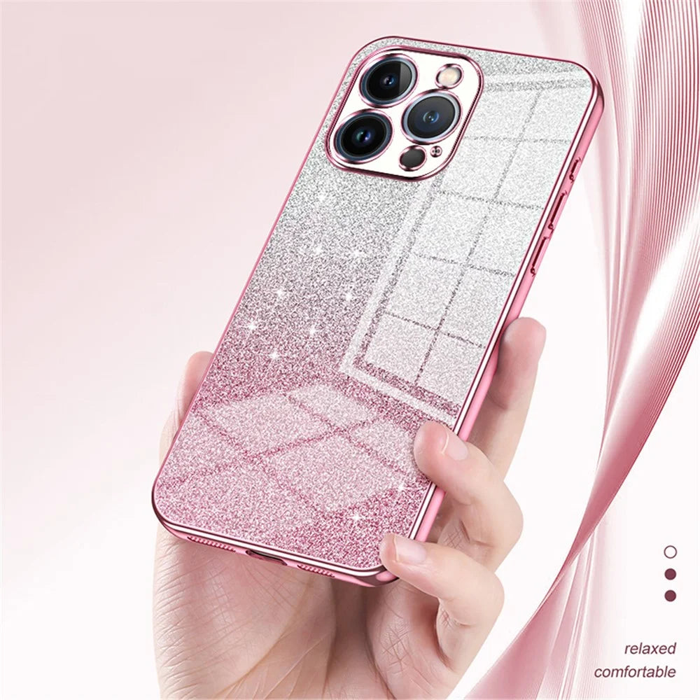 For iPhone 13 Pro Cell Phone Case Precise Cutout Electroplating Gradient Glitter TPU Cover - Pink - 4